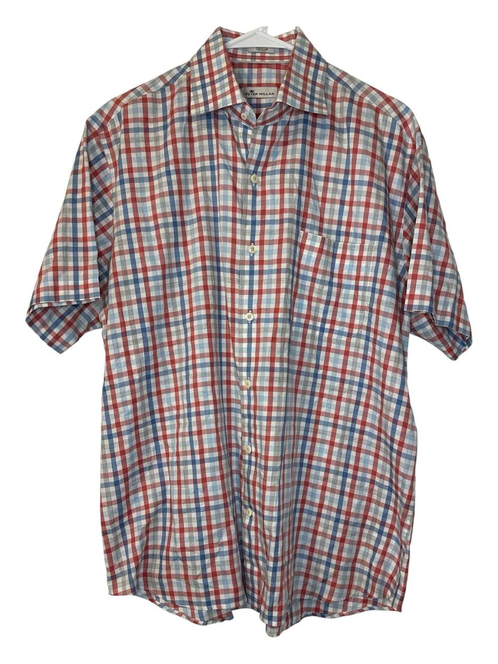 Peter Millar Men's Short Sleeve‎ Button-Down Shirt Red and Blue Plaid Cotton